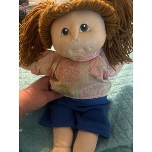 Vintage Cabbage Patch Kids Doll Brown Yarn Hair Pigtails Pink Patchwork Top Blue